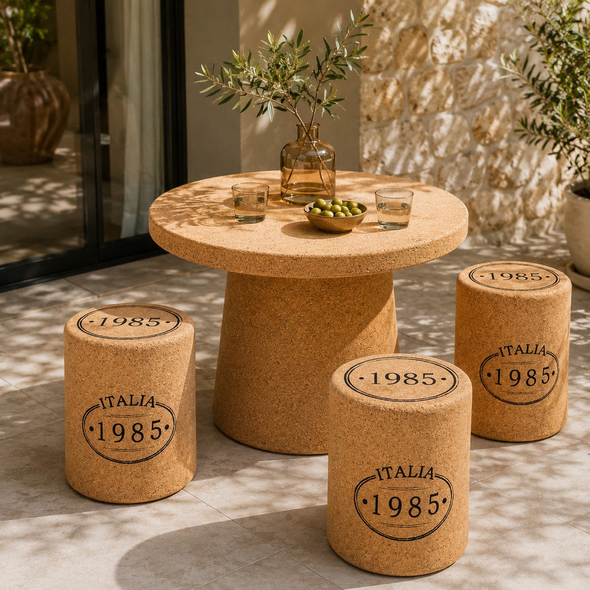 Auf einem runden Tisch aus Kork stehen zwei Gläser, eine Vase mit Olivenzweigen und eine Schale mit Oliven. Drei Hochwertiger Hocker aus Kork in Stopfenform umgeben ihn auf einer sonnigen Terrasse mit Steinmauern und üppigen Pflanzen.