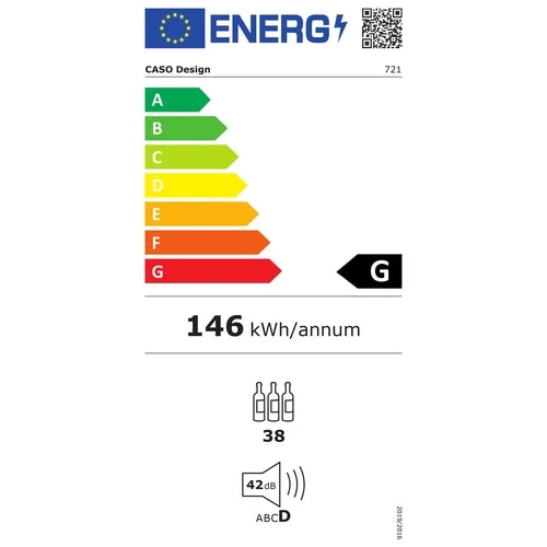 Das Energieeffizienzlabel für den Weinkühlschrank 2 Zonen CASO WineComfort 38 Schwarz weist die Effizienzklasse G aus, bei einem Jahresverbrauch von 146 kWh. Das Bild zeigt eine farbcodierte Skala von A (höchste Effizienz) bis G (niedrigste Effizienz). Dieser Weinkühlschrank bietet Platz für 38 Flaschen, hat zwei Zonen und arbeitet mit einem Geräuschpegel von 42 dB, klassifiziert als D.