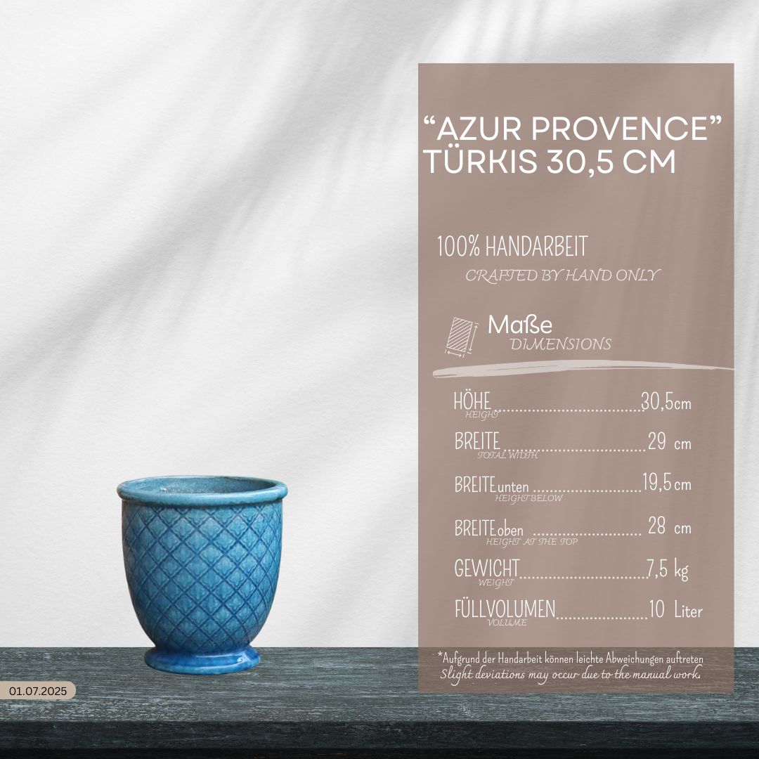 Türkis glasierter Blumentopf "Azur Provence" Höhe 30,5 bis 54 cm