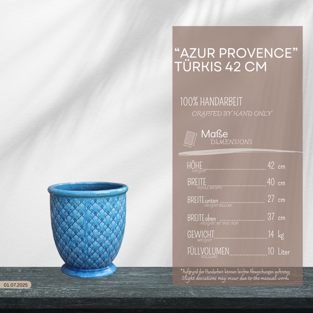 Türkis glasierter Blumentopf "Azur Provence" Höhe 30,5 bis 54 cm