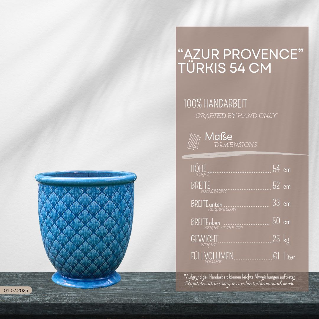 Türkis glasierter Blumentopf "Azur Provence" Höhe 30,5 bis 54 cm