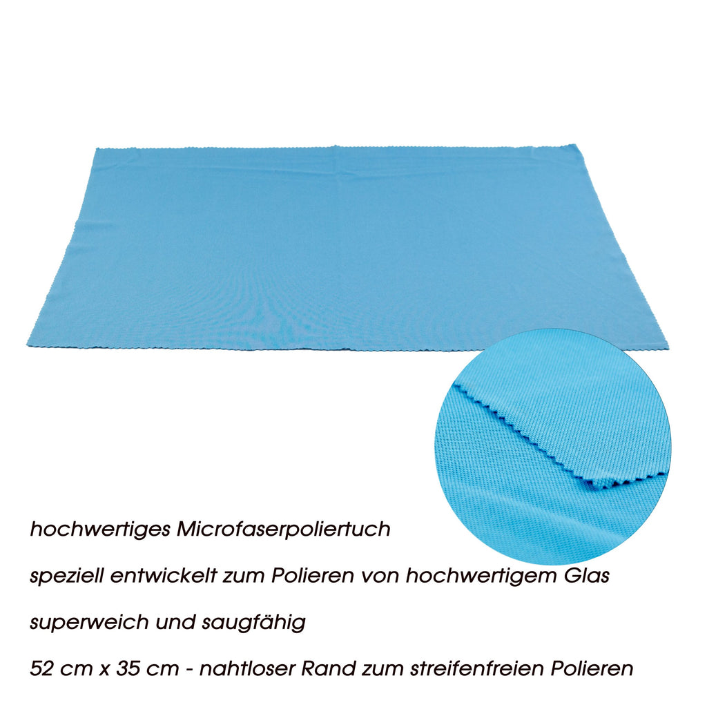 Ein blaues Mikrofasertuch mit nahtlosen Kanten, ideal zum Polieren des Gabriel Gold Edition Weinglas Universalglas 90 Gramm, wird mit einer eingelegten Stoffstruktur und einem deutschen Text präsentiert, der seine Funktionen hervorhebt. Es misst 52 cm x 35 cm.