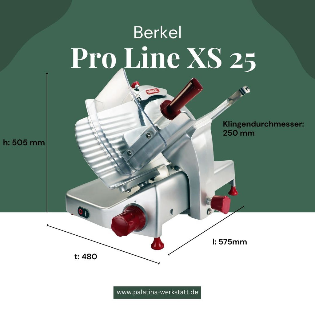 Eine Berkel Pro Line XS 25 Silber Professionelle Aufschnittmaschine mit Fassholz Einlegebrett wird gezeigt (Maße: H 505 mm, T 480 mm, L 575 mm, Klingen-Ø 250 mm). Die Website palatina-werkstatt.de ist sichtbar.