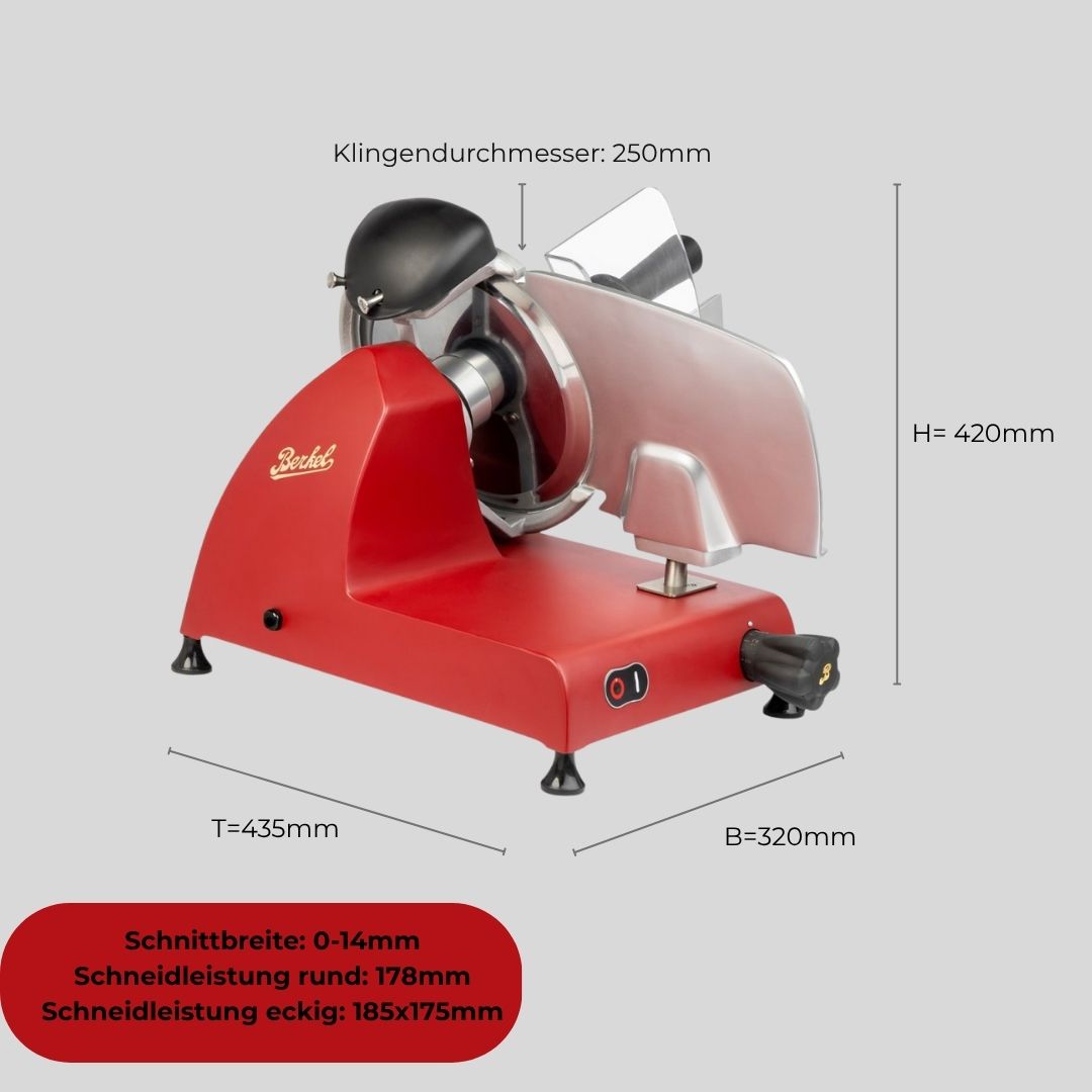 Der Berkel RedLine 250 MATT rot mit Fassholzbrett hat eine 250mm Klinge, misst 420mm (H) x 435mm (T) x 320mm (B), mit einer Schnittbreite von 0-14mm, runder Schnittgröße von 178mm, und rechteckiger Schnittgröße von 185x175mm.