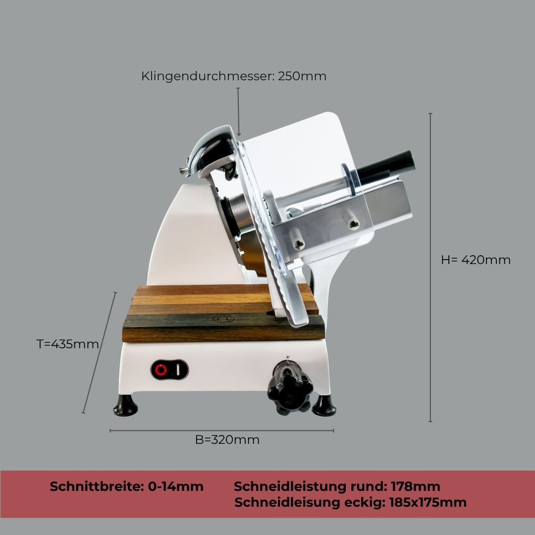 Die Berkel Red Line 250 Weiss Profi-Aufschnittmaschine (25 cm Messer, Fassholz-Einlegebrett) in Weiß, Seitenansicht: Höhe 420 mm, Tiefe 435 mm, Breite 320 mm. Schnittbreite: 0-14 mm; Schneidgut bis Ø178 mm/185x175 mm.