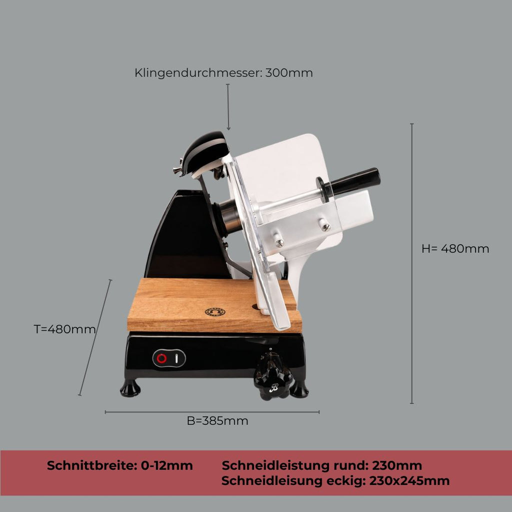 Die Berkel Red Line 300 Schwarz Original Profi-Aufschnittmaschine ist mit einer 300 mm langen Klinge, einer Schnittstärke von 0-12 mm und einem Fassholz-Einlegebrett ausgestattet, das zusätzlichen Komfort bietet.