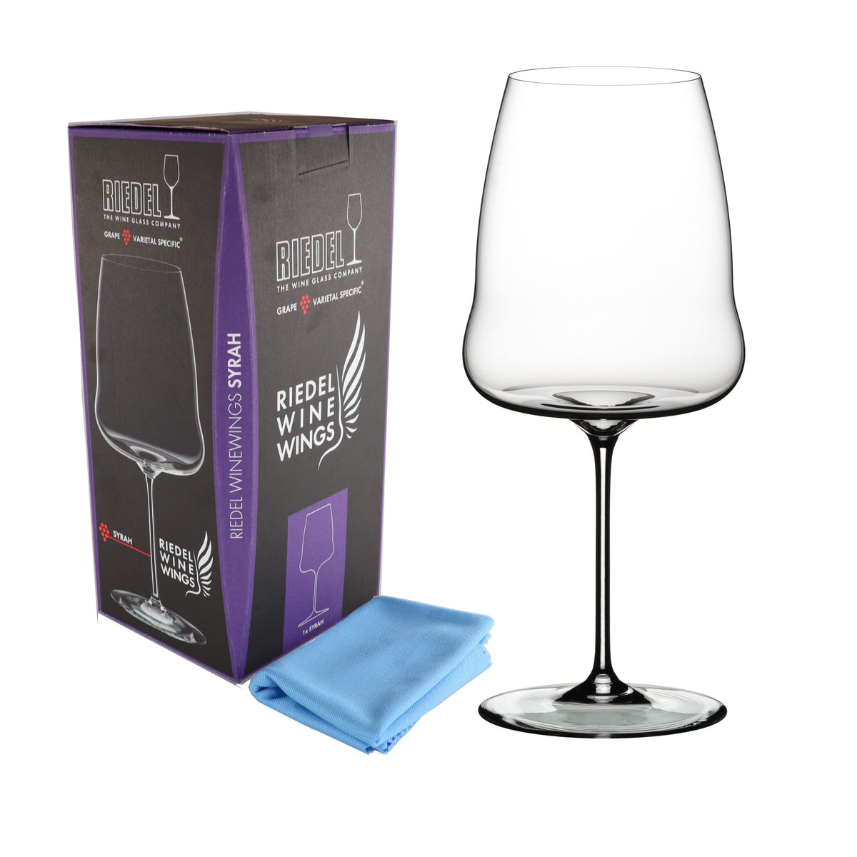 Rotweinglas Riedel Winewings Syrah mit Poliertuch in Geschenkverpackung