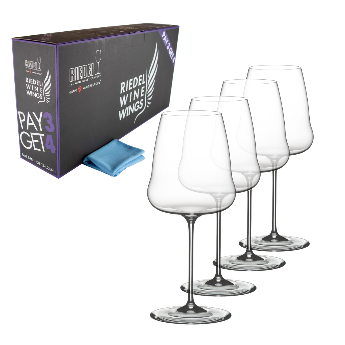 Abgebildet ist ein Set Weißweingläser Riedel Winewings Chardonnay Glas mit Poliertuch in Geschenkverpackung. Die Box ist schwarz mit weißen und violetten Akzenten und enthält den Text „ZAHLEN SIE 3, ERHALTEN SIE 4“. Neben der Box sind vier klare, elegante Chardonnay-Gläser und ein blaues Reinigungstuch abgebildet.