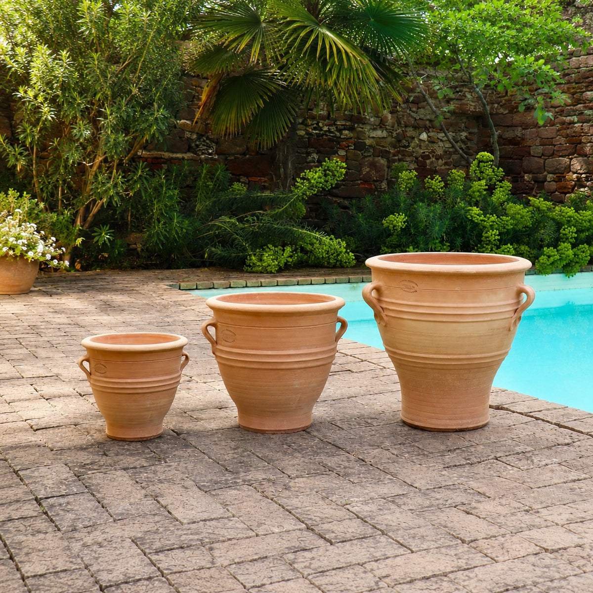 Ein winterhartes Terracotta Pflanzgefäß "Rosa", H=35 cm, steht auf einem Steinpatio neben dem Pool und ist von grünen Pflanzen und Bäumen umgeben.