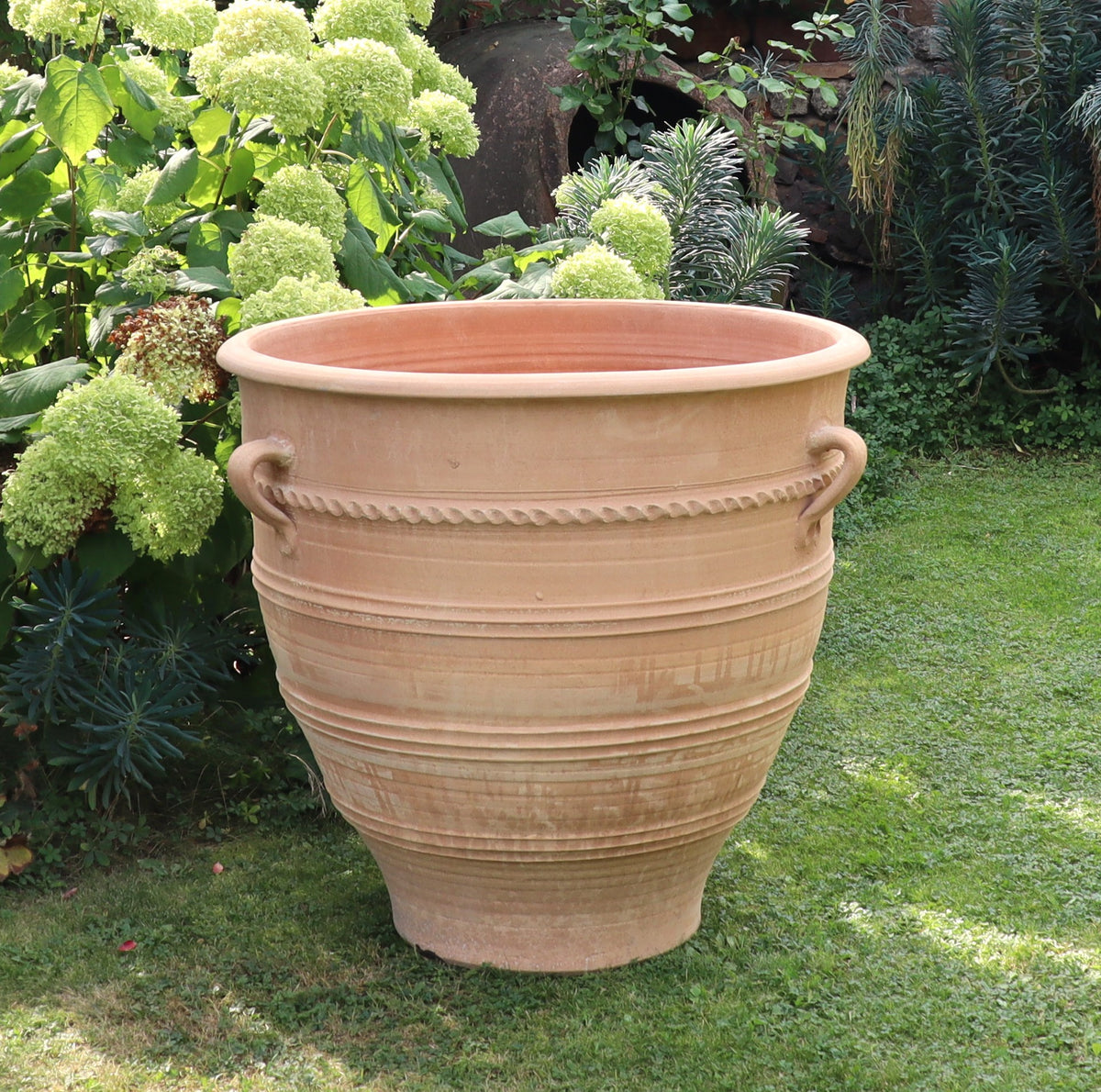 Der 80 cm hohe Terrakotta-Pflanzkübel XXL „Rosa“ mit dekorativen Griffen und Rillen ziert eine Rasenfläche, umgeben von üppigem grünem Laub und blühenden Hortensien im Hintergrund.