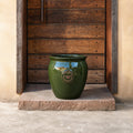 Der grün glasierte Blumentopf „eggpot“ (29–46 cm) mit dekorativem Emblem glänzt auf einer Steinstufe vor einer Holztür, die von beigen Wänden eingerahmt wird.