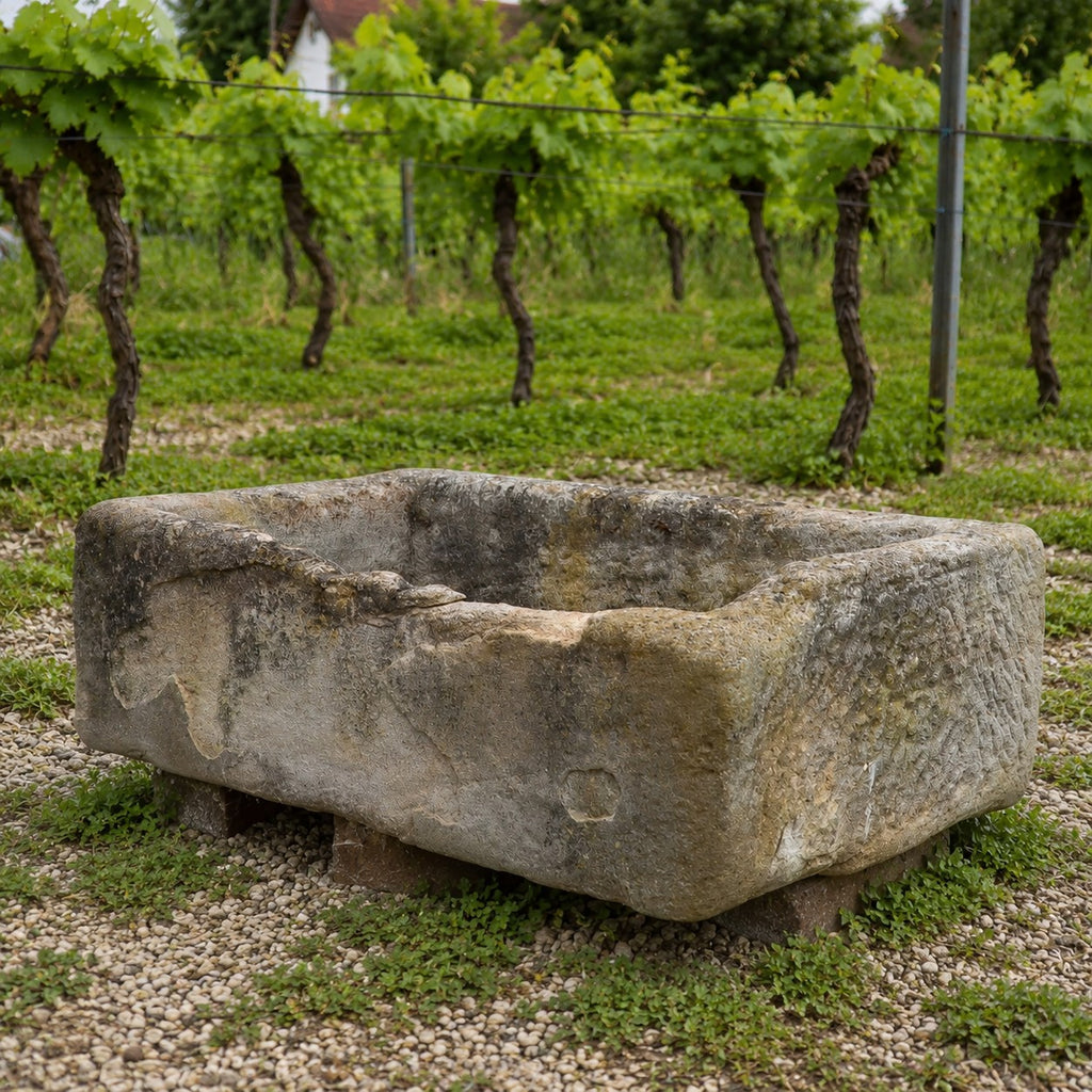 Das Waschbecken aus Sandstein 86 x 46 x 26 cm steht auf Kies vor Weinreben im Weinberg, umgeben von grünem Bewuchs und Bäumen im Hintergrund.