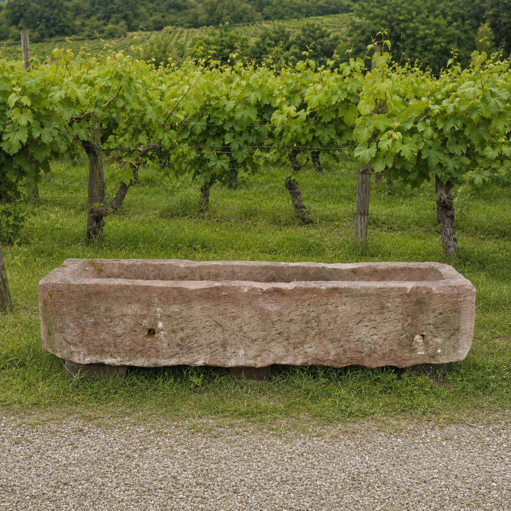 Ein großer, rechteckiger, nostalgischer Bauerntrog aus Sandstein (147 x 39 x 30) steht auf der Wiese vor Reihen von Weinreben in einem Weinberg, im Hintergrund sind Hügel und Bäume zu sehen.