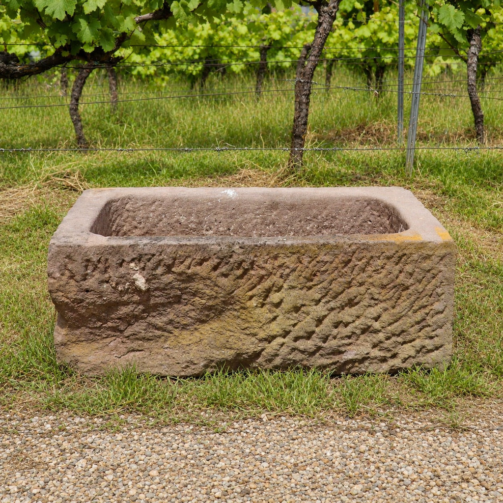 Ein Natursteinbecken aus Sandstein (78 x 53 x 29) steht auf der Wiese vor einem Weinberg, umgeben von Weinreben und üppigem Grün.