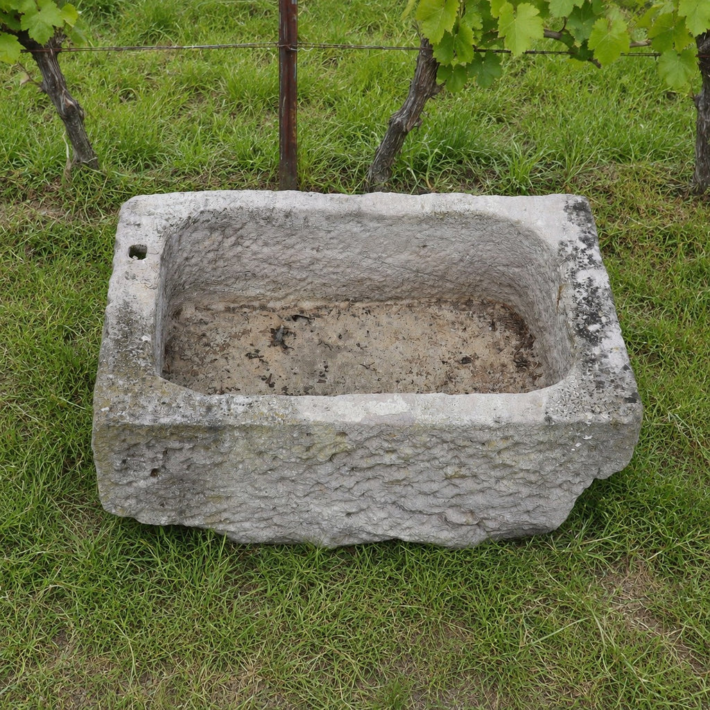 Ein alter Sandsteintrog (84 x 55 x 32) steht auf dem Rasen, im Hintergrund sind Weinreben zu sehen. Der verwitterte und leere, rechteckige Steintrog weist Spuren von Alter und Gebrauch auf.