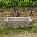 Ein „alter Sandsteintrog 84 x 55 x 32 (Kopie)“ steht auf einer Wiese vor Weinreben, die in einem Weinberg wachsen. Der verwitterte rechteckige Trog ist leer.