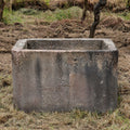 Ein jahrhundertealter Sandsteinkübel (75 x 53 x 48), rechteckig und verwittert, steht auf trockenem Gras, im Hintergrund sind ein Feld und einige Pflanzen zu sehen.