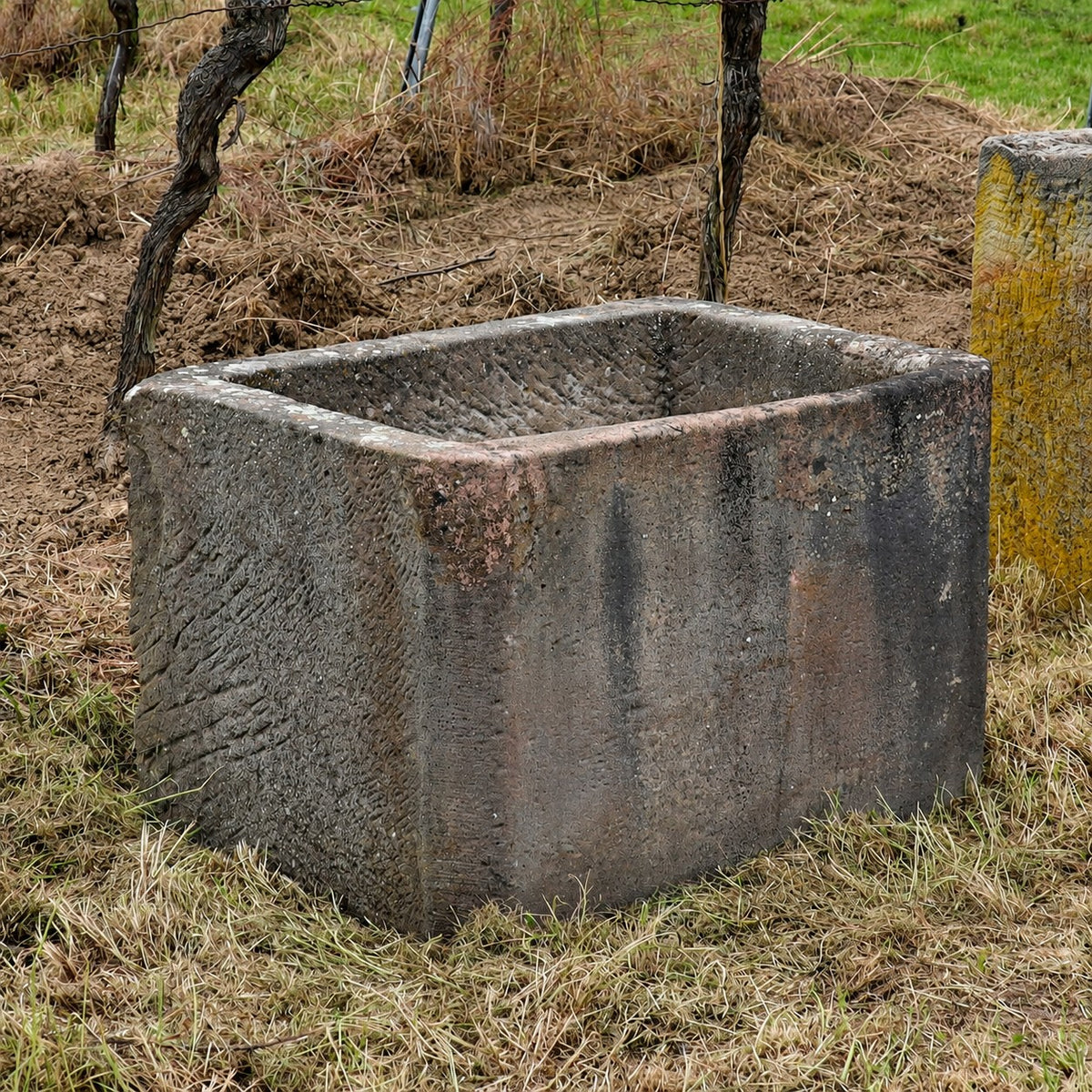 Ein großer, rechteckiger, verwitterter Steinkübel steht auf trockenem Gras, umgeben von spärlicher Vegetation und Holzpfosten – eine ideale Inspiration, wenn Sie auf der Suche nach einem jahrhundertealten Sandsteinkübel (75 x 53 x 48) für Ihren eigenen rustikalen Außenbereich sind.