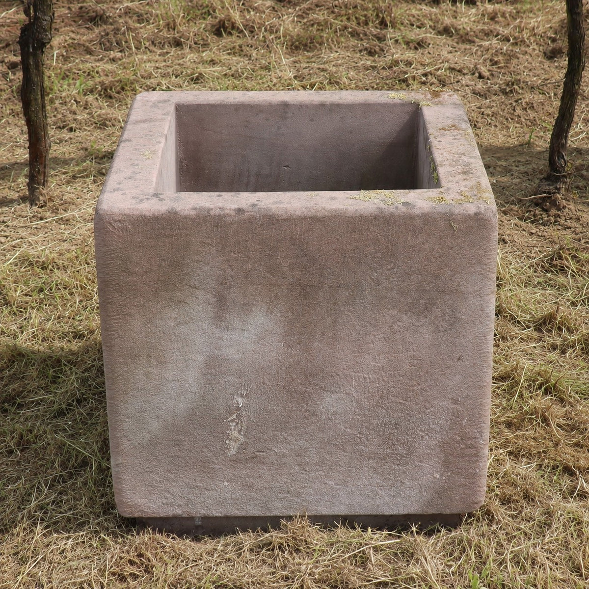 Ein großes, quadratisches 2er-Set Natursteintröge (60 x 60 x 56) steht auf trockenem Gras; seine verwitterte Oberfläche und die dezenten Verfärbungen verleihen ihm den Charakter eines jahrhundertealten Sandsteinkübels, dessen grobe Struktur die vielen Jahre im Freien widerspiegelt.