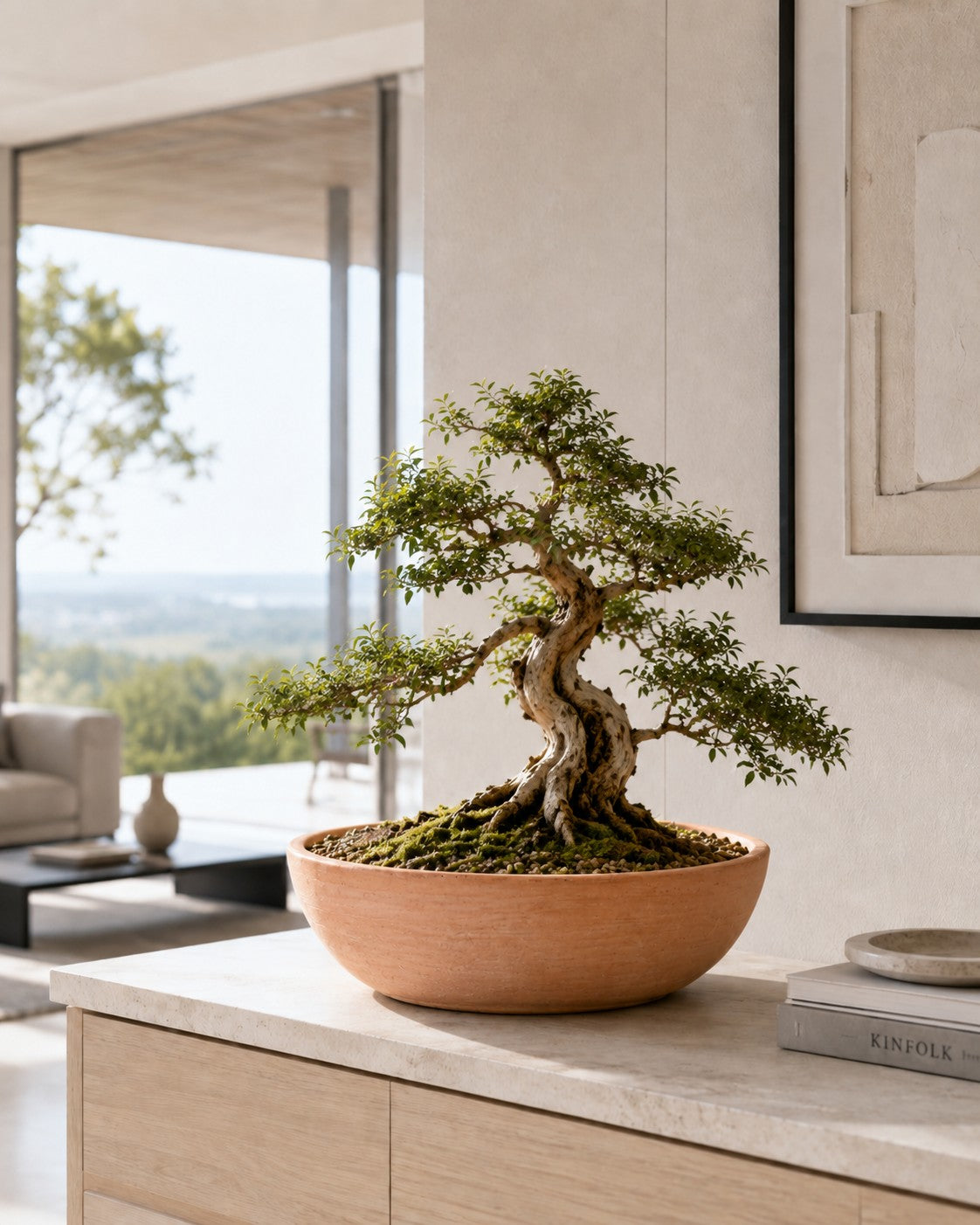Ein kleiner Bonsai mit gewundenem Stamm steht in einer modernen Pflanzschale mit einem Durchmesser von 29–50 cm auf einem hellen Holztisch in einem modernen, sonnendurchfluteten Wohnzimmer mit großen Fenstern und minimalistischer Einrichtung.