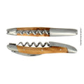 Zwei Perspektiven des eleganten Forge De Laguiole Kellnermessers Sommelier | Wacholder matt, mit Holzgriff und Edelstahldetails. Die obere Ansicht zeigt den Korkenzieher vollständig ausgefahren, während die untere Ansicht seine Sommelier-Raffinesse im teilweise gefalteten Zustand hervorhebt.