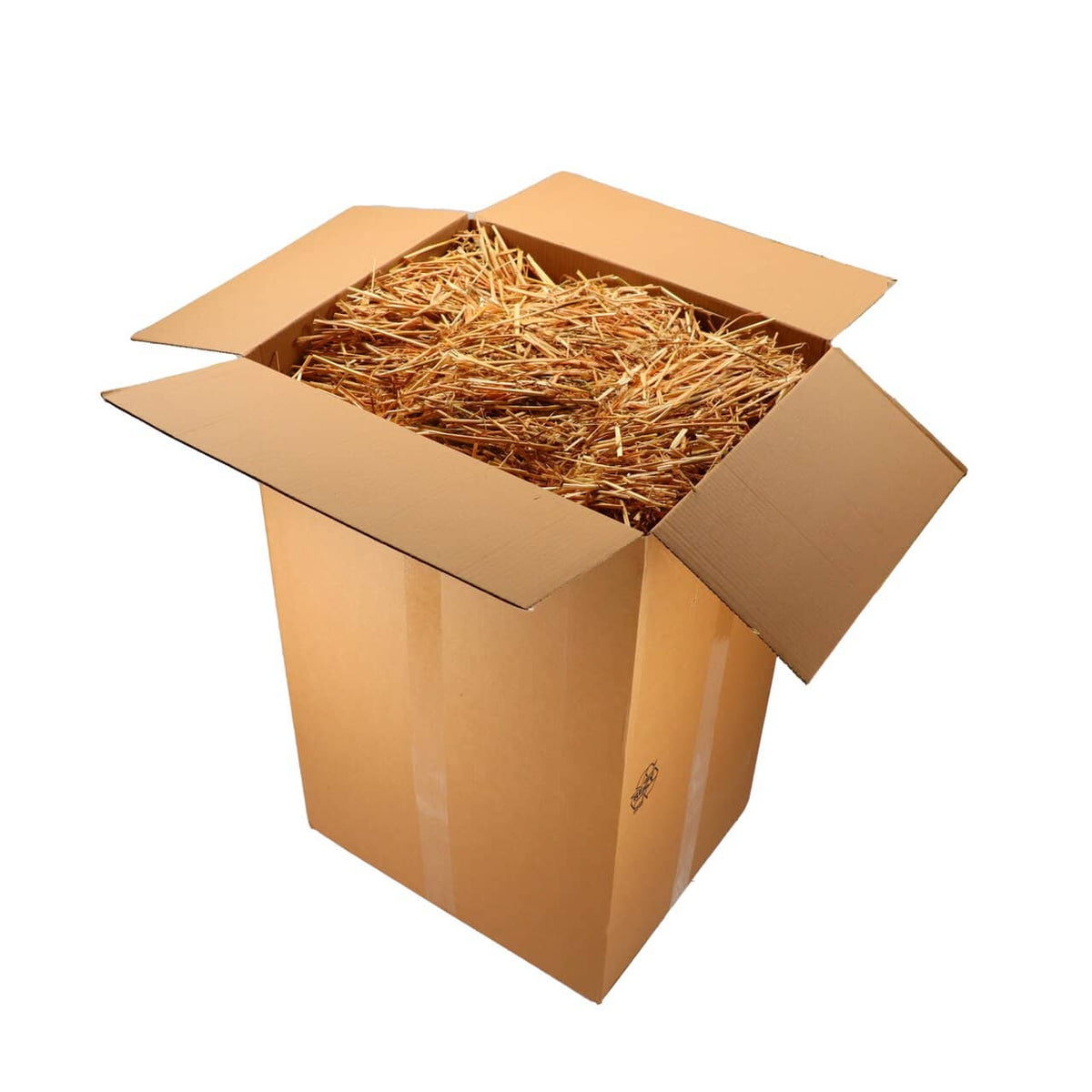 Eine große offene Schachtel, gefüllt mit naturbelassenem Stroh aus deutscher Ernte, die nach oben hin überläuft und eine rustikale Note hat - ideal für eine charmante Strohballen-Dekoration.