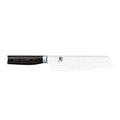 Das KAI Shun Tim Mälzer Minamo TMM-0702 Santoku, 20cm "THE MAGIC KAI WISHLIST" zeigt ein japanisches Design mit schwarzem Griff und gemusterter silberner Klinge auf weißem Hintergrund.