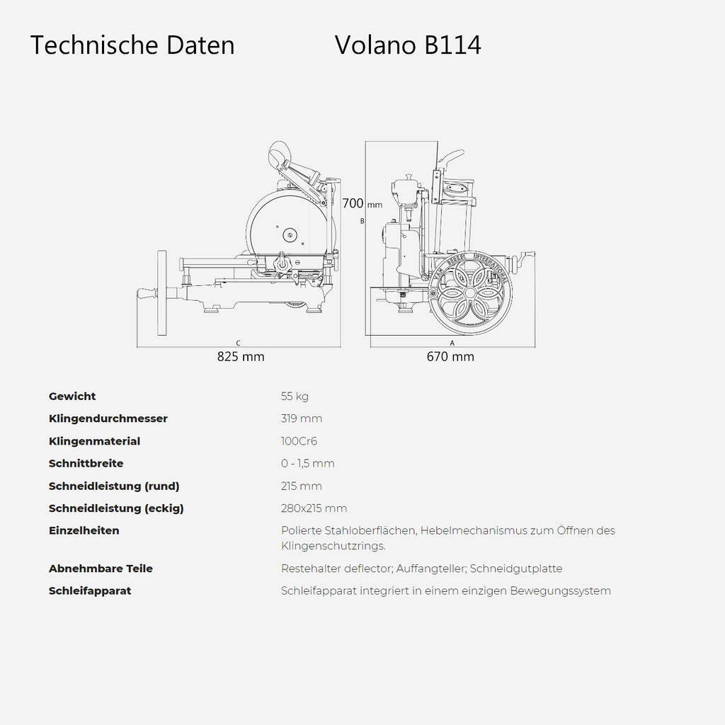 Technisches Datenblatt für die Berkel Volano B114 Rot manuelle Schwungradmaschine inkl. Standfuß + Fassholzbrett-Schneidemaschine. Es enthält eine Seitenansicht der Maschine mit den Maßen: Höhe 700 mm, Tiefe 670 mm und Breite 825 mm. Aufgeführte Spezifikationen: Gewicht 55 kg, Klinge 370 mm, Schnittleistung 0–15 mm, Schneidemaße 215 mm x 280–215 mm.