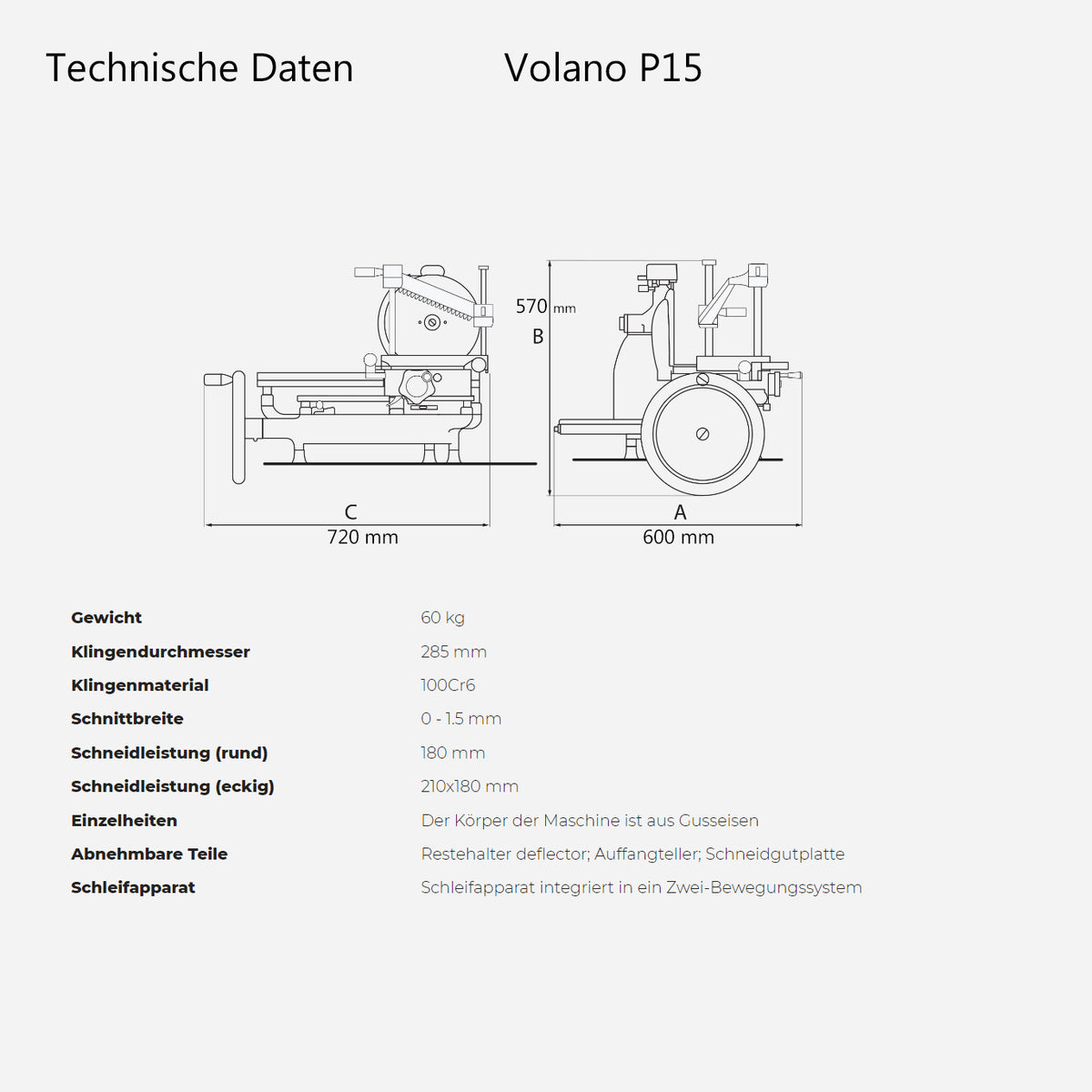 Eine technische Zeichnung der Berkel Volano P15 Rot Aufschnittmaschine Schwungrad + Standfuß + Aufschnittbrett wird mit den Abmessungen 720 mm breit, 600 mm tief und 570 mm hoch gezeigt. Spezifikationen wie Gewicht (60 kg) und Klingendurchmesser (285 mm) sind in deutscher Sprache aufgeführt. Eine detaillierte Seitenansicht des Schwungrad-Aufschnittgeräts ist enthalten.