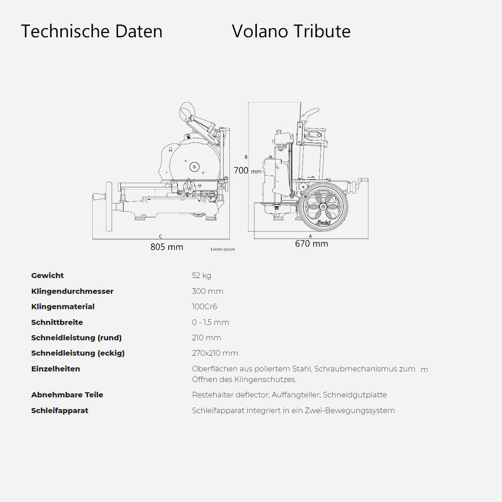 Hier finden Sie die detaillierten Spezifikationen und das Diagramm für die Berkel Volano Tribute Rot Aufschnittmaschine mit Blumenschwungrad und Aufschnittbrett aus Weinfassholz. Es enthält eine Seitenansicht und eine Vorderansicht mit genauen Abmessungen sowie technische Daten in deutscher Sprache zu verschiedenen Parametern wie Gewicht, Klingendurchmesser, Material, Schnittgeschwindigkeit und zusätzlichen Funktionen, die für das Blumenschwungrad-Modell spezifisch sind.