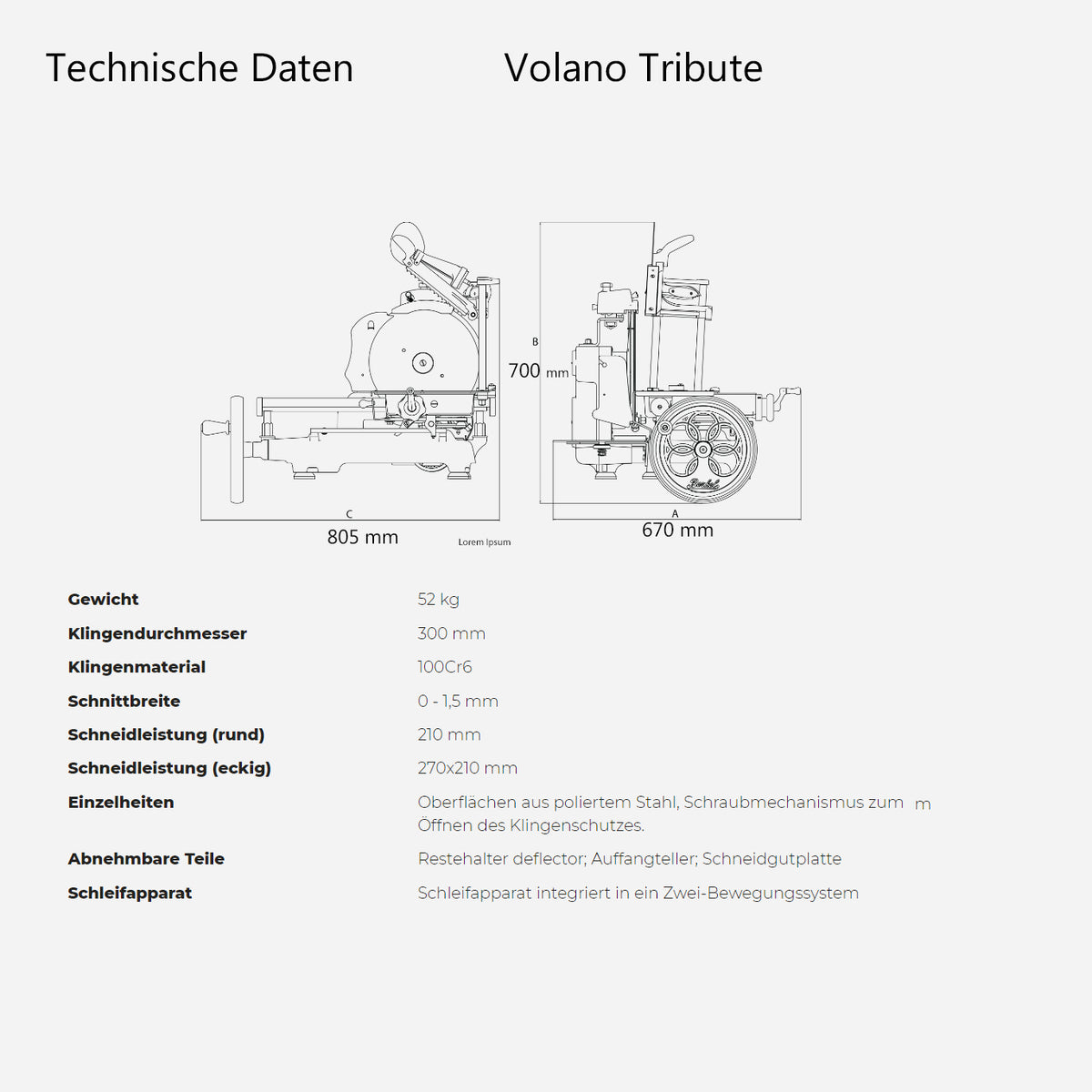 Hier finden Sie die detaillierten Spezifikationen und das Diagramm für die Berkel Volano Tribute Rot Aufschnittmaschine mit Blumenschwungrad und Aufschnittbrett aus Weinfassholz. Es enthält eine Seitenansicht und eine Vorderansicht mit genauen Abmessungen sowie technische Daten in deutscher Sprache zu verschiedenen Parametern wie Gewicht, Klingendurchmesser, Material, Schnittgeschwindigkeit und zusätzlichen Funktionen, die für das Blumenschwungrad-Modell spezifisch sind.