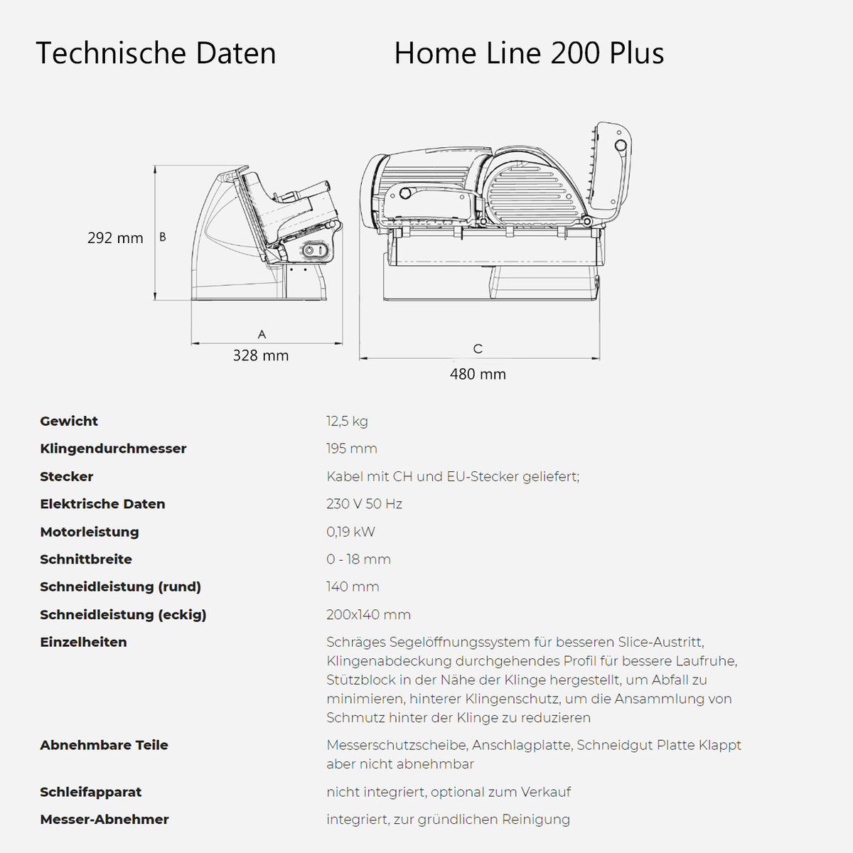 Diagramm und Spezifikationen für die Berkel Home Line 200 Plus Rot, Aufschnittmaschine – Neues Modell, zeigt eine beschriftete Seitenansicht der Aufschnittmaschine mit den Abmessungen 292 mm Höhe, 328 mm Breite und 480 mm Tiefe. Wichtige Details sind Gewicht, Klingendurchmesser, Steckertyp und Motorleistung. Weitere Funktionen und Zubehörinformationen werden in deutscher Sprache bereitgestellt. Enthält zusätzlich ein 100 % handgefertigtes Schneidebrett Unikat.