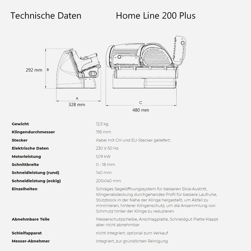 Diagramm und Spezifikationen für die Berkel Home Line 200 Plus Rot, Aufschnittmaschine – Neues Modell, zeigt eine beschriftete Seitenansicht der Aufschnittmaschine mit den Abmessungen 292 mm Höhe, 328 mm Breite und 480 mm Tiefe. Wichtige Details sind Gewicht, Klingendurchmesser, Steckertyp und Motorleistung. Weitere Funktionen und Zubehörinformationen werden in deutscher Sprache bereitgestellt. Enthält zusätzlich ein 100 % handgefertigtes Schneidebrett Unikat.