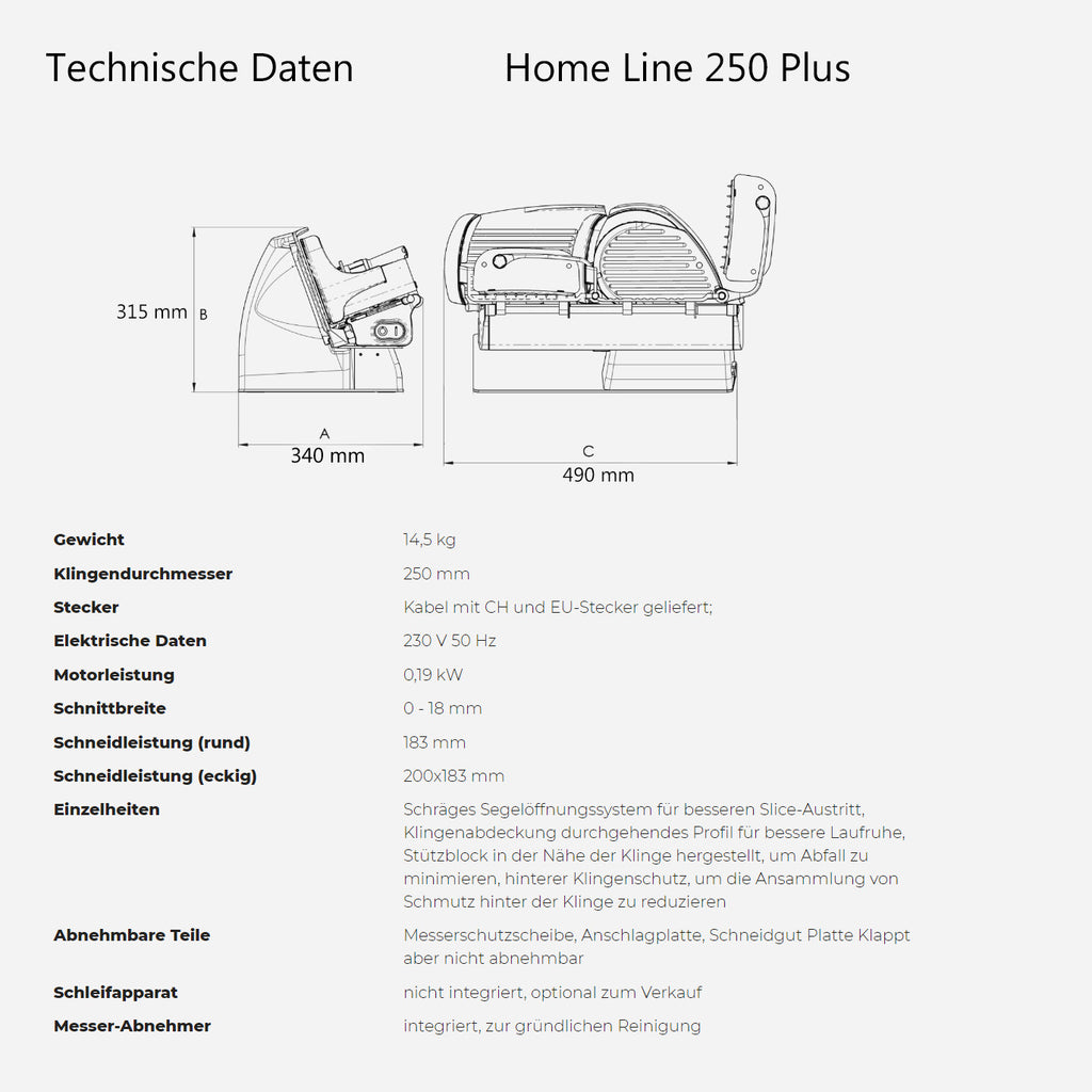 Hier finden Sie die detaillierten technischen Daten und die Seitenansicht der Berkel Home Line 250 Plus Rot Aufschnittmaschine - Neues Modell. Zu den wichtigsten Details gehören das Gewicht (14,5 kg), der Sägeblattdurchmesser (250 mm), die Abmessungen (315 x 490 mm), die Motorleistung und Merkmale wie abnehmbare Teile und Sicherheitsmechanismen.