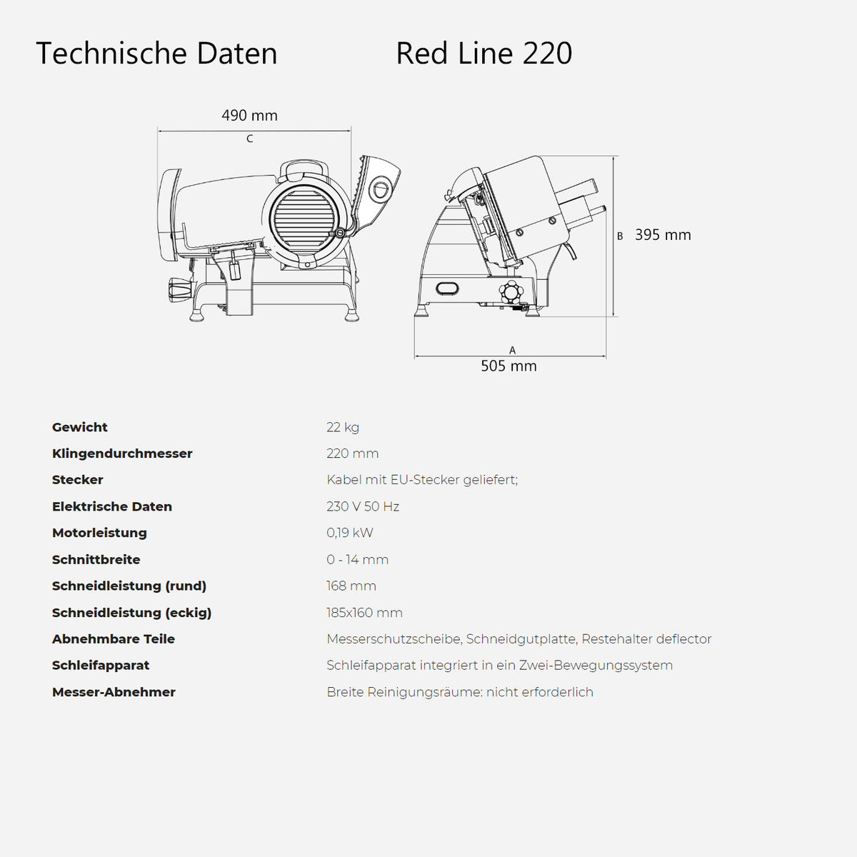 Eine Abbildung einer Aufschnittmaschine mit der Bezeichnung „Berkel Red Line 250 Weiss, Original Profi-Aufschnittmaschine“ mit detaillierten technischen Daten. Die Abmessungen sind wie folgt angegeben: 490 mm Breite, 505 mm Tiefe und 395 mm Höhe. Die Tabelle enthält Gewicht, Messerdurchmesser (25 cm), Steckertyp, Spannung, Leistung, Schnittstärke und andere Spezifikationen.