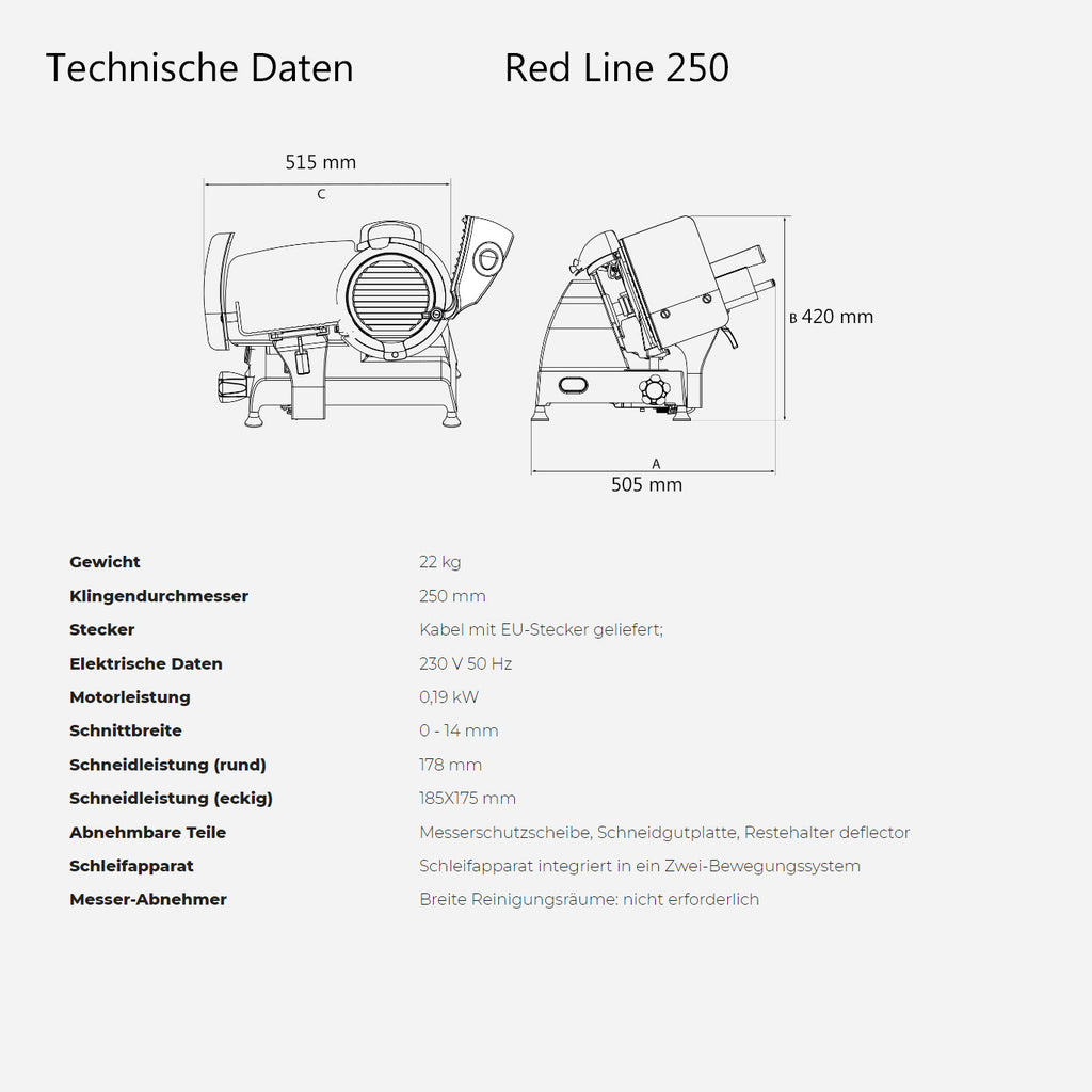 Diagramm mit den technischen Daten des Berkel RedLine 250 MATT rot mit Fassholzbrett, mit Draufsicht und Seitenansicht. Zu den Merkmalen gehören Abmessungen, Blattgröße, Motordetails und Sicherheitsmaßnahmen. Der Text ist auf Deutsch und enthält Informationen zum optionalen Fassholzbrett-Zubehör.