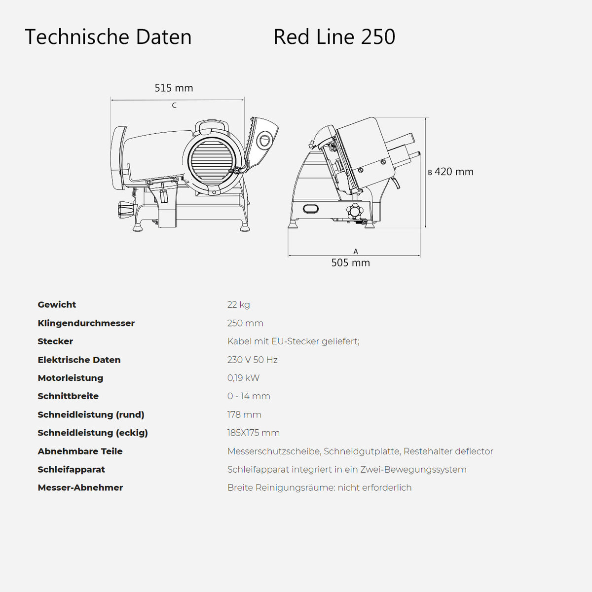 Diagramm mit den technischen Daten des Berkel RedLine 250 MATT rot mit Fassholzbrett, mit Draufsicht und Seitenansicht. Zu den Merkmalen gehören Abmessungen, Blattgröße, Motordetails und Sicherheitsmaßnahmen. Der Text ist auf Deutsch und enthält Informationen zum optionalen Fassholzbrett-Zubehör.