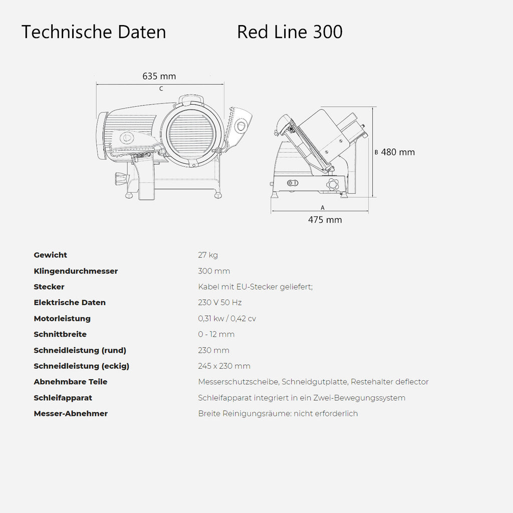 Technische Daten in deutscher Sprache für die Berkel Red Line Weiß, 300 mm Original Profi-Aufschnittmaschine + Weinfass Einlegebrett. Gezeigt wird ein Bild mit den Abmessungen (635 mm x 480 mm x 475 mm) und einer Auflistung von Details wie Gewicht (27 kg), Klingengröße (300 mm) und wichtigen Merkmalen wie Motortyp und Schnittbreite.