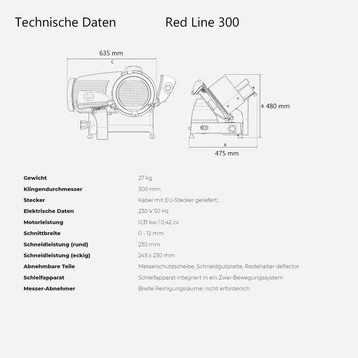 Technische Daten und Diagramm für die Berkel Red Line 300 Schwarz Profi-Aufschnittmaschine mit 300 mm Messerdurchmesser und Fassholz Einlegebrett, mit Seiten- und Frontansicht sowie Angaben zu Gewicht, Spannung und Schnittstärke.