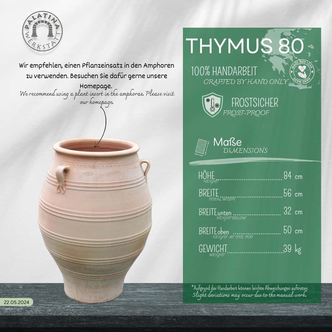 Die winterharte Terrakotta Amphore "Thymus" von Palatina Keramik (H=80cm), handgefertigt mit zwei Henkeln, steht vor grünem Hintergrund und Infopanel - ideal für Garten.