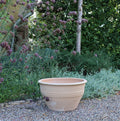 Ein großer, leerer frostfester Blumentopf, Blumenkübel „Veronica“ (D=35 cm), steht auf einer Kiesfläche in einem Garten. Im Hintergrund sind verschiedene grüne Blätter und Pflanzen zu sehen, mit violetten Veronica-Blüten, die auf hohen Stielen blühen.