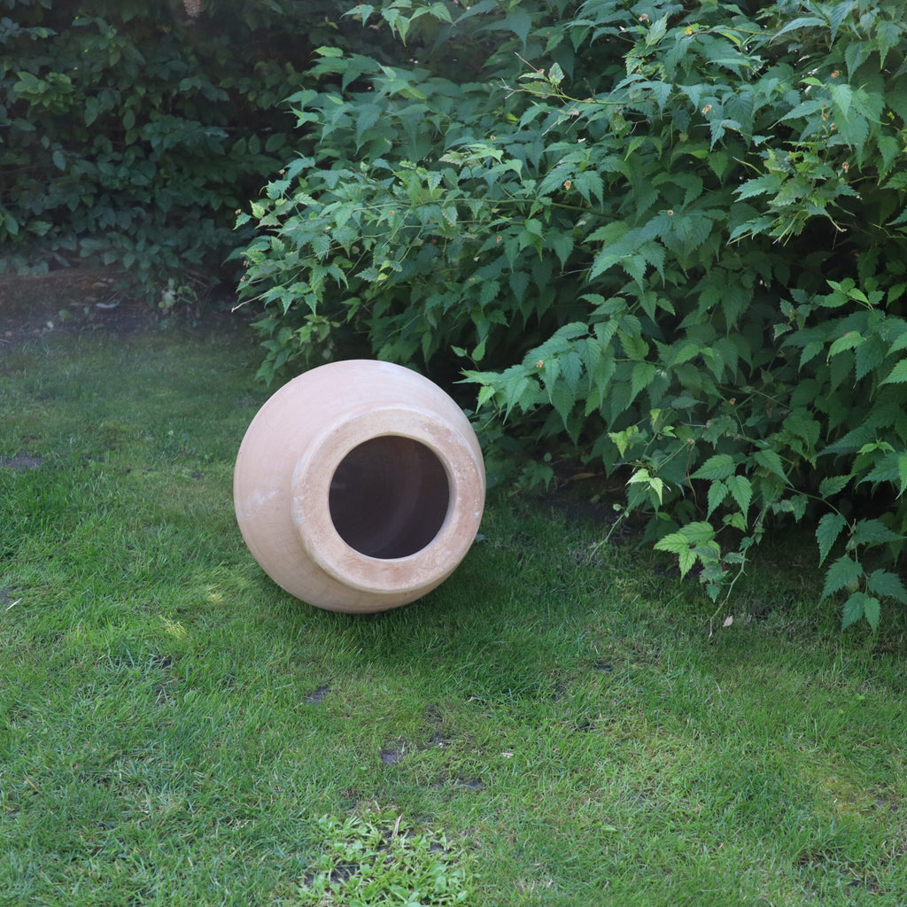 Eine liegende Amphore „Vitex“, 60 cm hoch und mit Ständer, liegt auf der Seite auf einem üppigen, grünen Rasen. Dichte, grüne Büsche mit Blättern beschatten den Topf teilweise, der verwittert aussieht und weiße Rückstände aufweist. Die Kulisse ist ein Garten im Freien, geschmückt mit natürlichem Grün und einem nahe gelegenen Vitex.