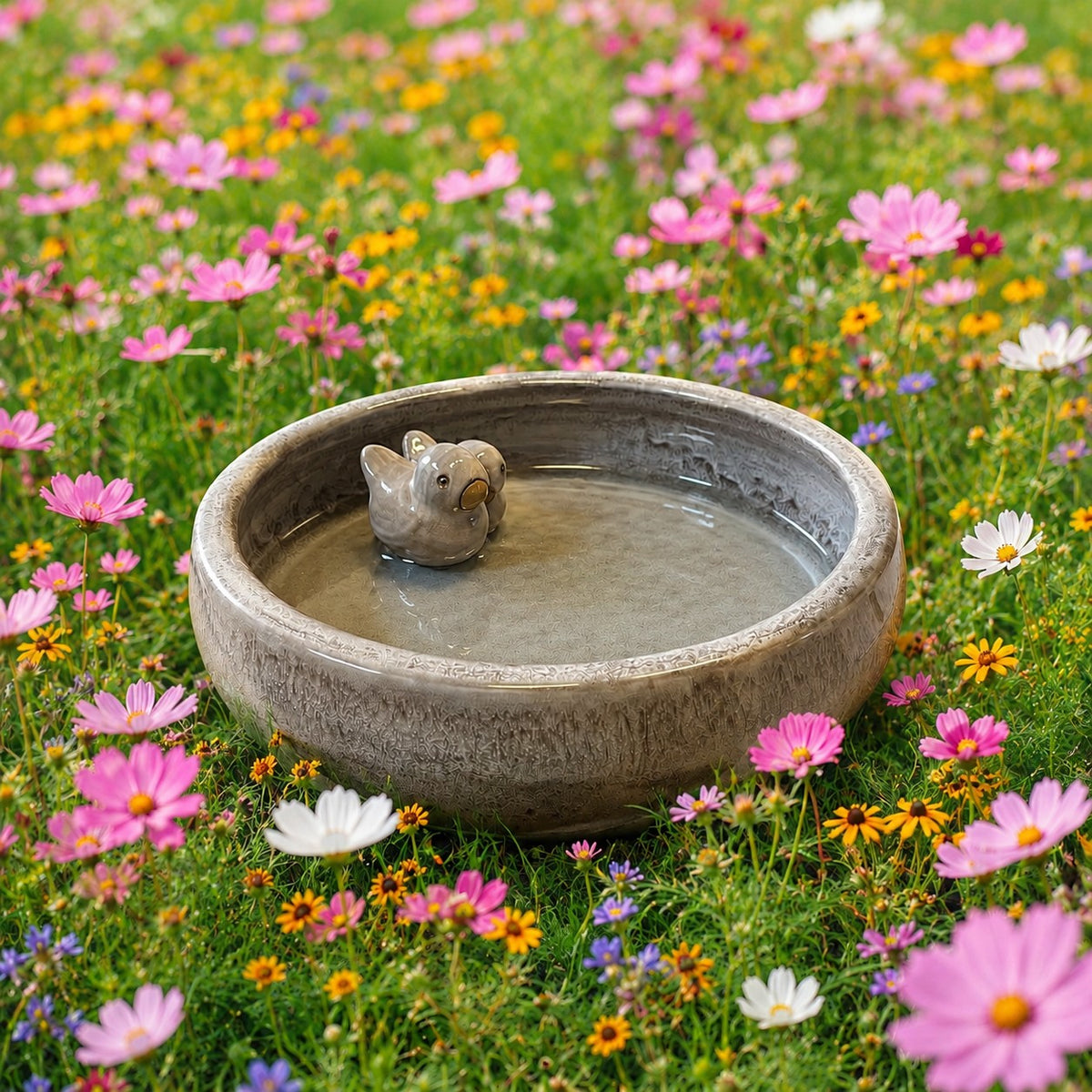 Auf dem Rasen steht eine runde Wasserschale aus Stein, in der ein keramischer Hundekopf schwimmt; umgeben von blühenden rosa, weißen, gelben und orangefarbenen Blumen.