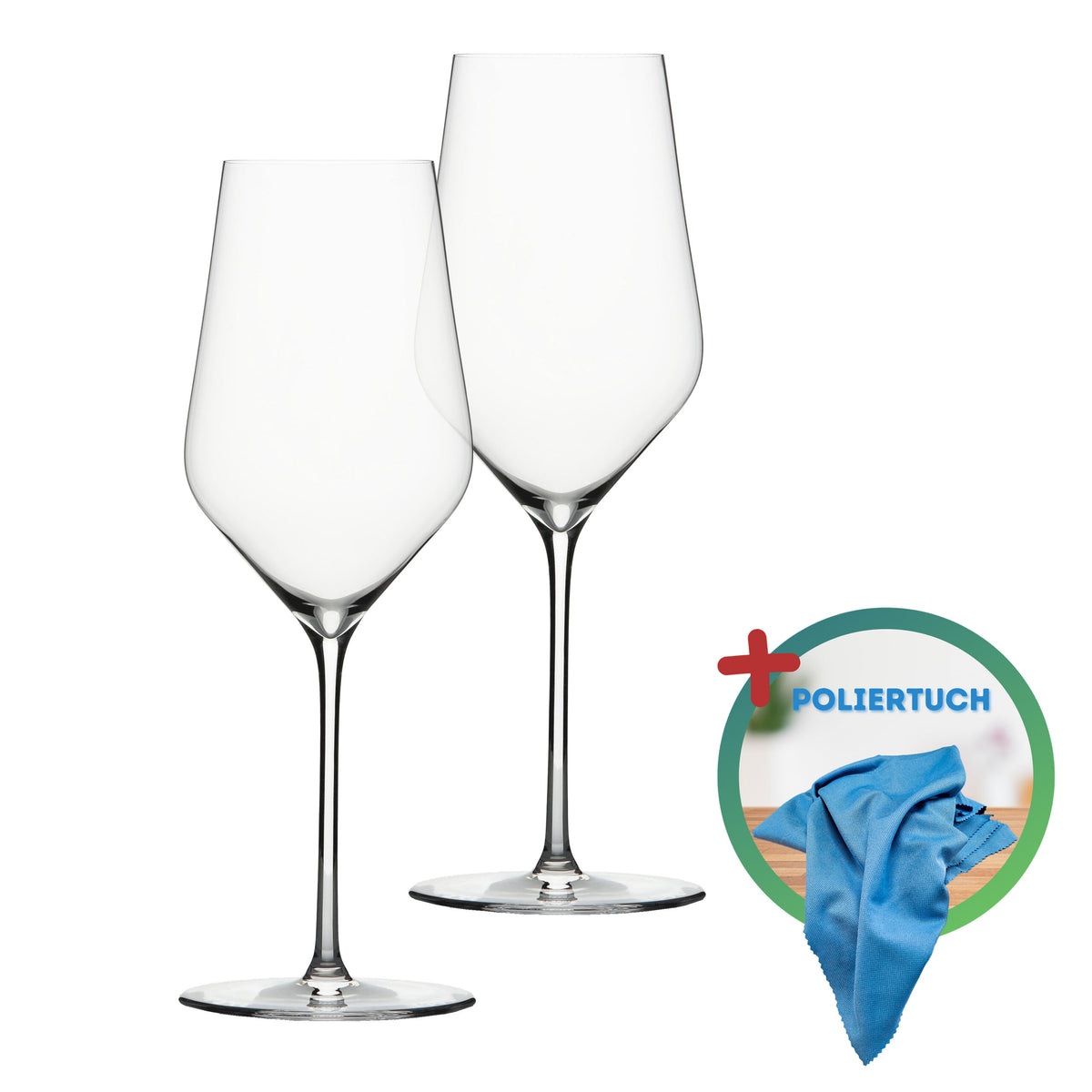 Zwei elegante, klare Weingläser mit langen Stielen stehen nebeneinander. Rechts ist ein blaues Poliertuch in einem runden Rahmen mit dem Text „POLIERTUCH“ und einem roten Pluszeichen abgebildet.