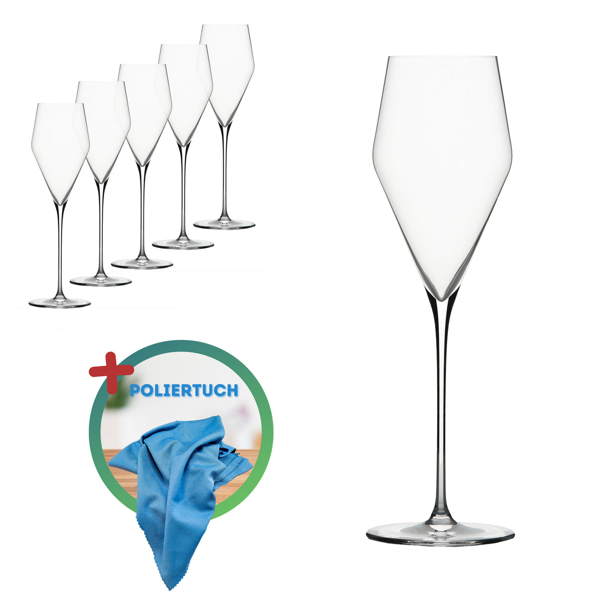 Bild von fünf hohen, eleganten Weingläsern, die in einer Reihe angeordnet sind, wobei das nächste Glas prominent rechts zu sehen ist. Unter den Gläsern befindet sich ein Symbol, das ein blaues Tuch mit dem Text „POLIERTUCH“ und einem Pluszeichen zeigt.