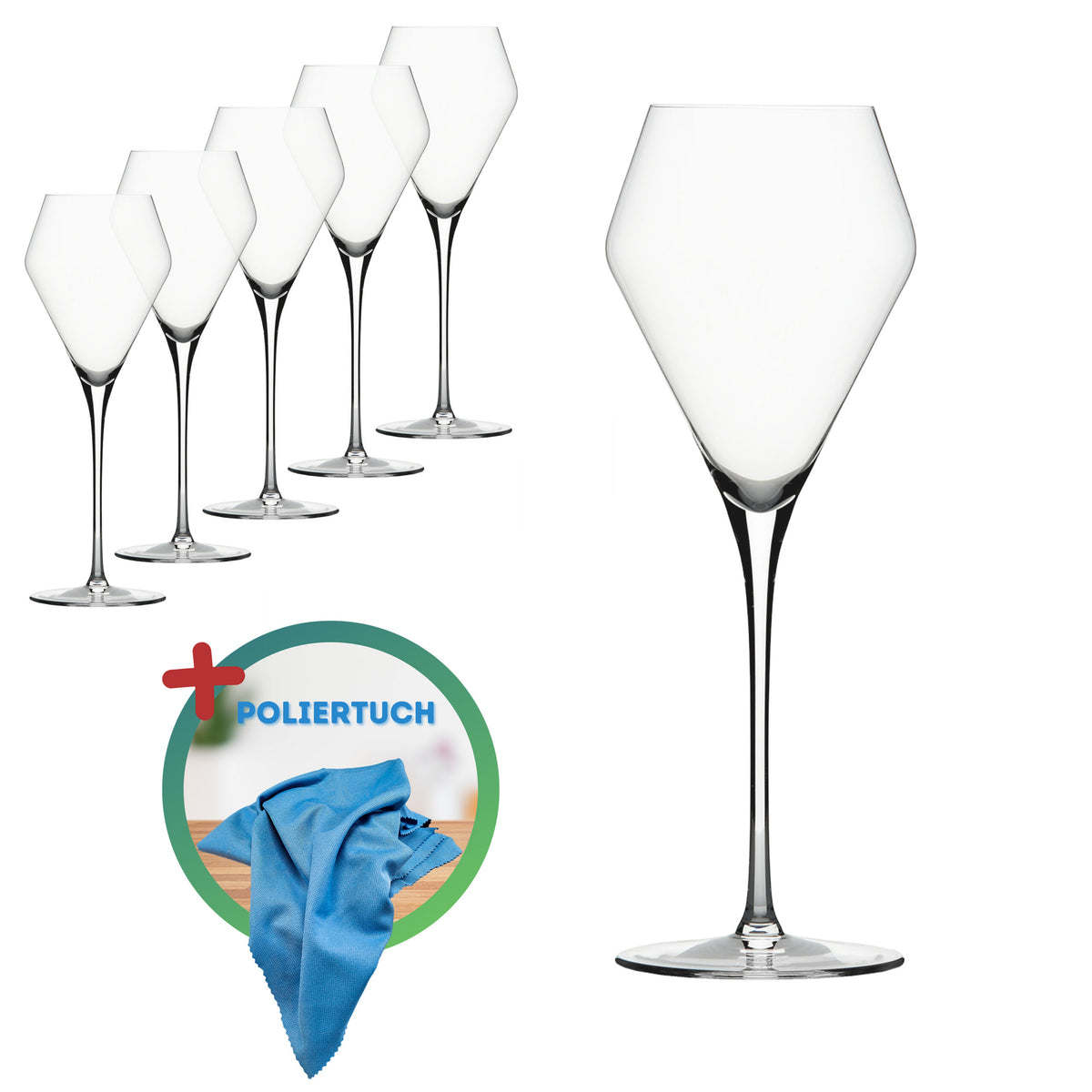 Ein Set aus sechs eleganten, langstieligen Weingläsern mit modernem geometrischem Design wird ausgestellt. Zusätzlich gibt es eine Nahaufnahme eines blauen Poliertuchs mit dem Text „Poliertuch“, der den kreisförmigen Hintergrund überlagert.