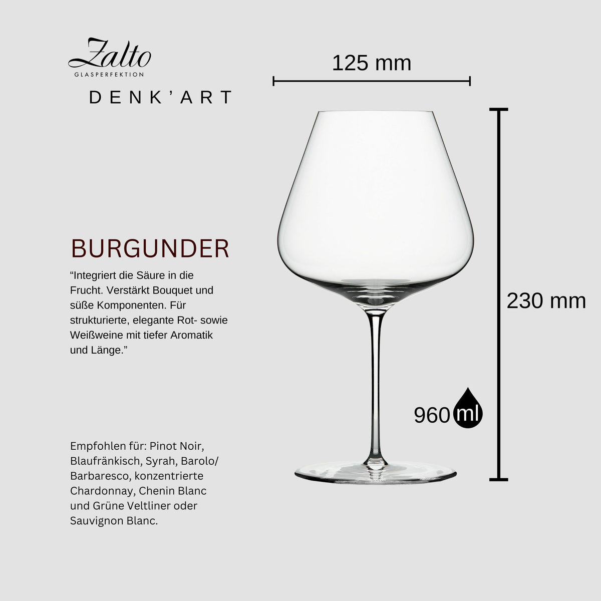 Abbildung eines Zalto Denk'Art-Weinglases für Burgunderweine. Das Glas ist 230 mm hoch, hat eine Kelchbreite von 125 mm und ein Fassungsvermögen von 960 ml. Im Text wird erwähnt, dass es sowohl zu strukturierten Rot- als auch Weißweinen passt, und es werden Empfehlungen für verschiedene Weinsorten gegeben.