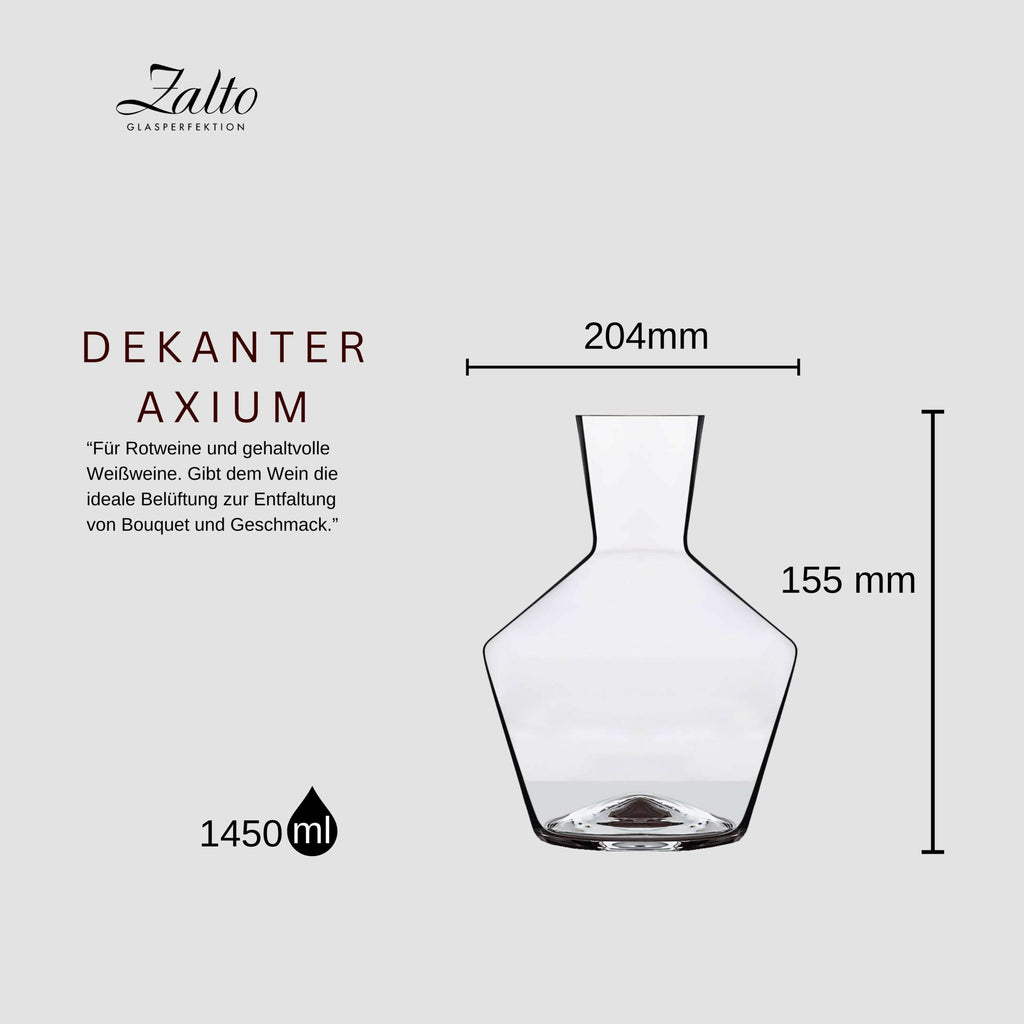 Bild einer Produktwerbung für Zalto-Glaswaren mit einer transparenten Weinkaraffe namens „Dekanter Axium“. Die Abmessungen der Karaffe sind angegeben: 204 mm Breite und 155 mm Höhe, mit einem Fassungsvermögen von 1450 ml. Der Text beschreibt die ideale Verwendung für Rot- und Weißweine.