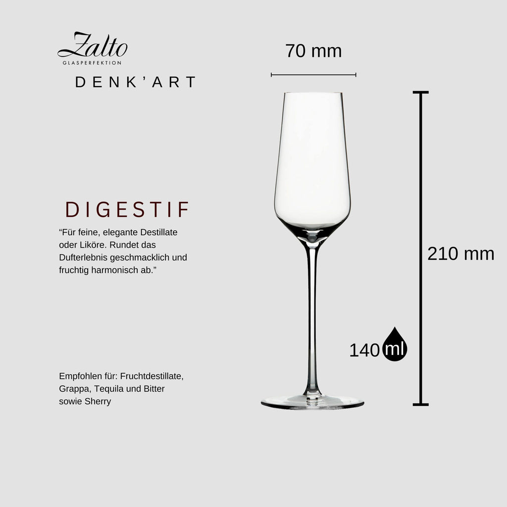 Abgebildet ist ein Zalto Denk'Art Glas mit der Aufschrift "Digestif" mit Maßangaben. Das Glas fasst 140 ml, ist 210 mm hoch und hat einen oberen Durchmesser von 70 mm. Empfohlene Verwendungsmöglichkeiten sind Fruchtdestillate, Grappa, Tequila und bitterer oder süßer Sherry. Beschreibung in Deutsch.