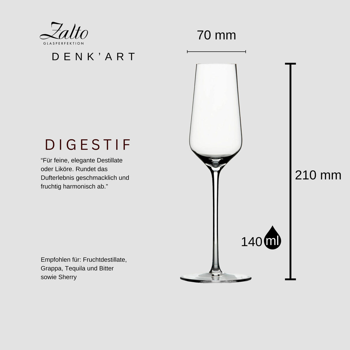 Abgebildet ist ein Zalto Denk'Art Glas mit der Aufschrift "Digestif" mit Maßangaben. Das Glas fasst 140 ml, ist 210 mm hoch und hat einen oberen Durchmesser von 70 mm. Empfohlene Verwendungsmöglichkeiten sind Fruchtdestillate, Grappa, Tequila und bitterer oder süßer Sherry. Beschreibung in Deutsch.
